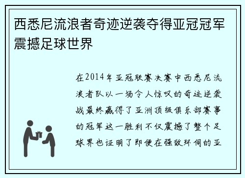 西悉尼流浪者奇迹逆袭夺得亚冠冠军震撼足球世界 西悉尼流浪者奇迹逆袭夺得亚冠冠军震撼足球世界