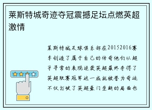 莱斯特城奇迹夺冠震撼足坛点燃英超激情 莱斯特城奇迹夺冠震撼足坛点燃英超激情